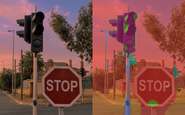 A street scene shown beside its AI segmentation into roads, signs, and other regions.