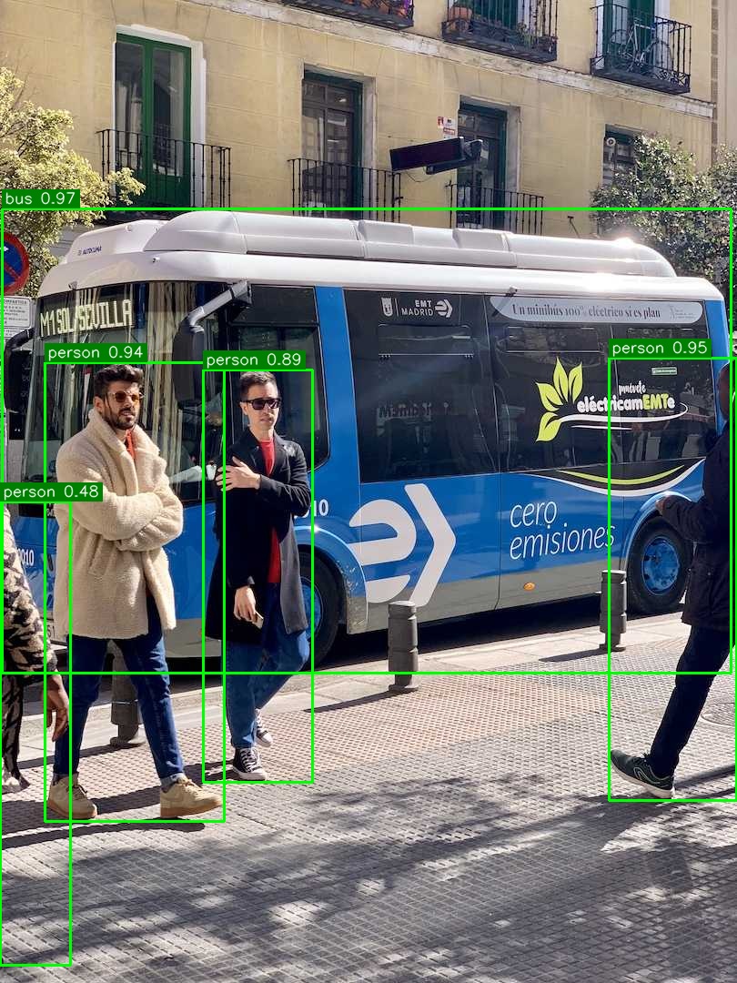 Object detection example identifying a bus and pedestrians with labeled bounding boxes.