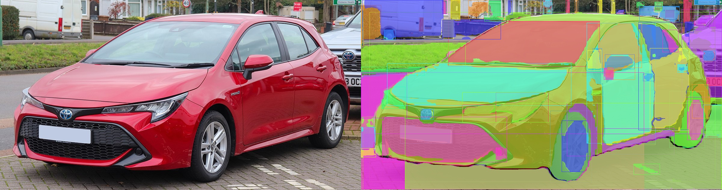 The same car with each part covered by a colored instance mask.