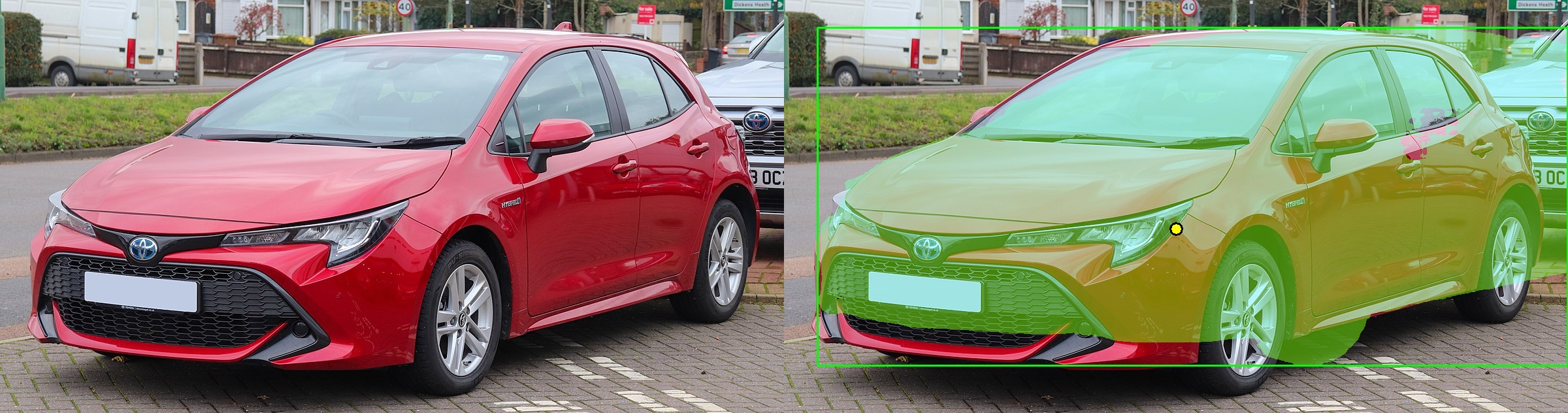 The same car with the mask from a single click overlaid in color.