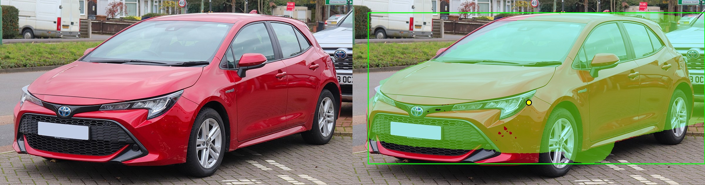 The same car with the SAM ViT-B mask overlaid in color.